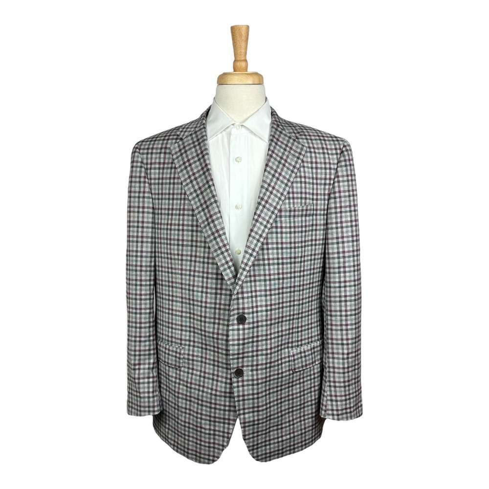 Samuelsohn Current SB Castle Super 130s Wool Purple Gray Checked Blazer Size 46L